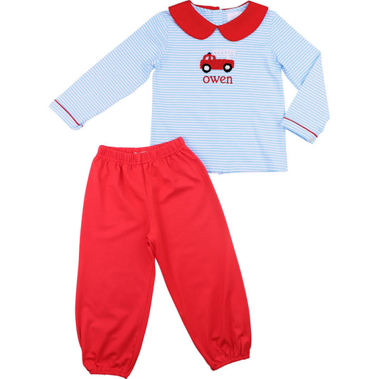 Blue Knit Stripe Crocheted Firetruck Pant Set  Monogram