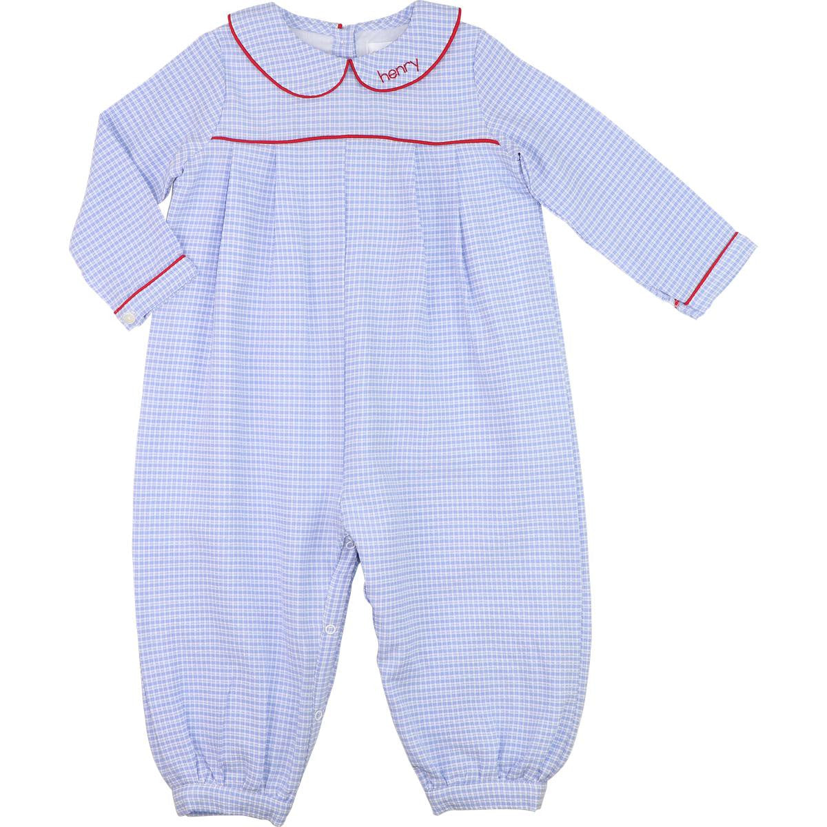 Blue Micro Gingham Long Romper With Red Trim  Eliza James Kids