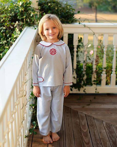 Blue Micro Gingham Pant Set With Red Trim  Eliza James Kids