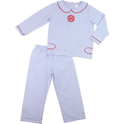 Blue Micro Gingham Pant Set With Red Trim  Eliza James Kids