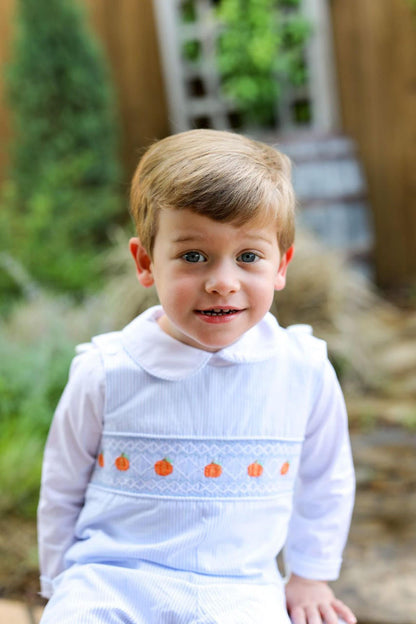 Blue Mini Stripe Smocked Pumpkin Jon Jon (Shirt Included)  - Shipping Late September  Smocked Threads