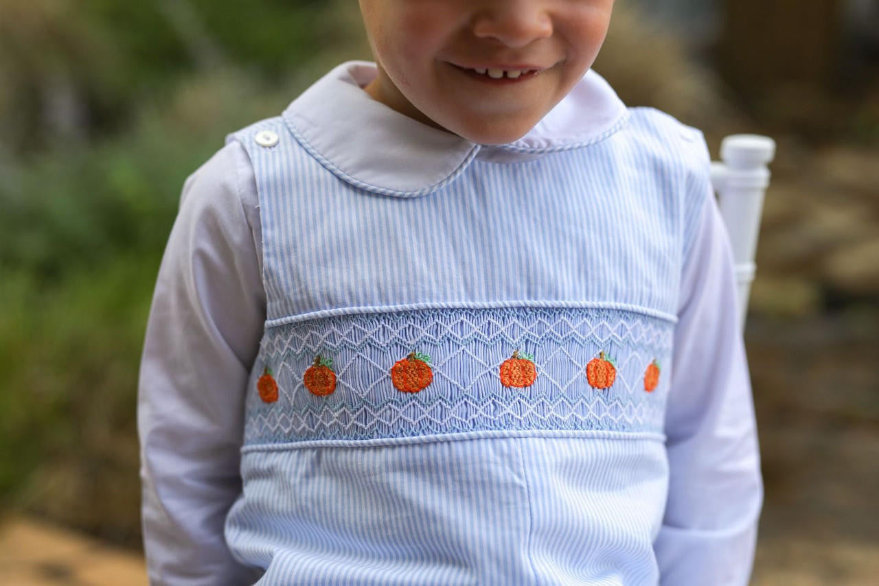 Blue Mini Stripe Smocked Pumpkin Jon Jon (Shirt Included)  - Shipping Late September  Smocked Threads