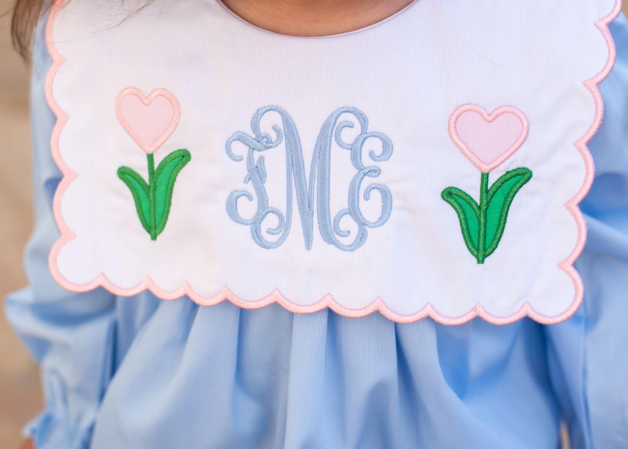 Blue Pique Applique Tulip Heart Bubble   Monogram