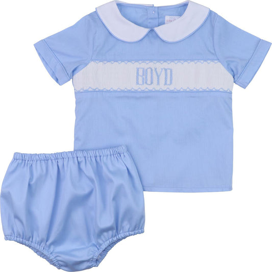 Blue Pique Custom Smocked Diaper Set  Monogram