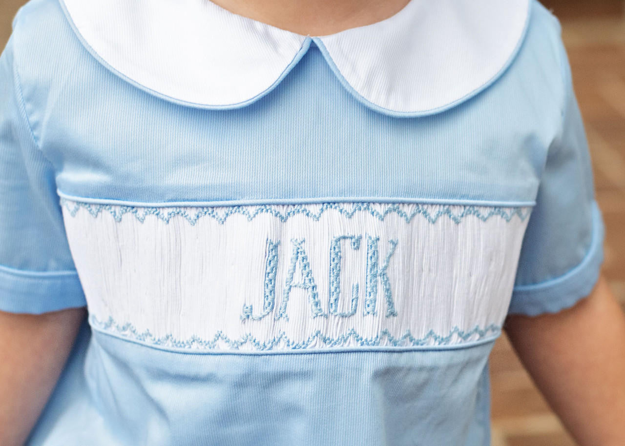 Blue Pique Custom Smocked Short Romper  Monogram