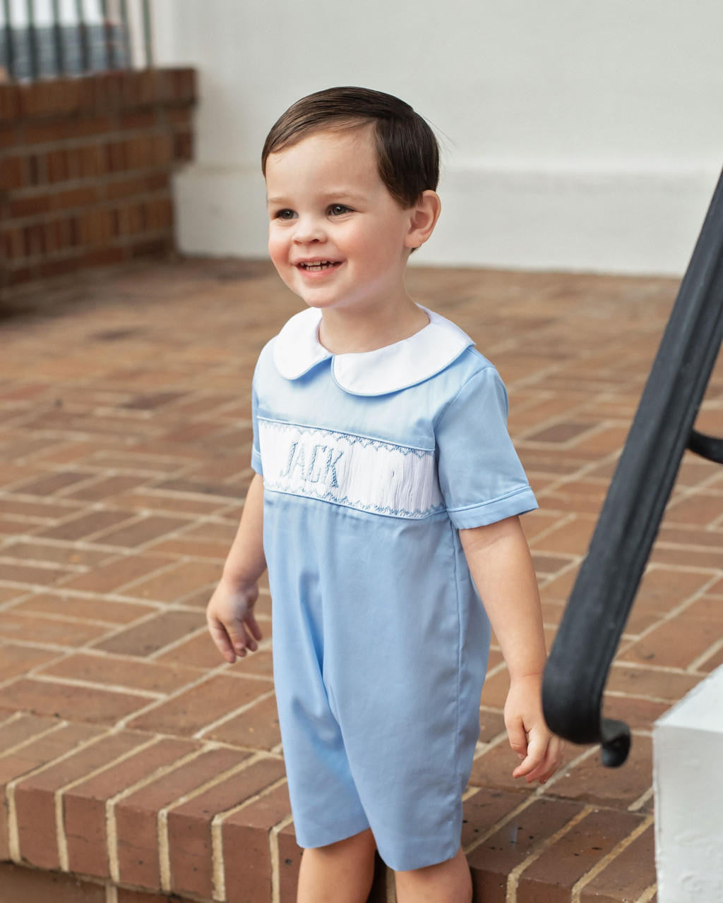 Blue Pique Custom Smocked Short Romper  Monogram