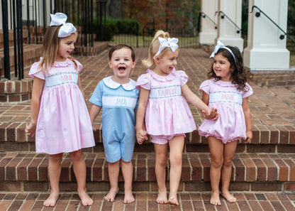 Blue Pique Custom Smocked Short Romper  Monogram