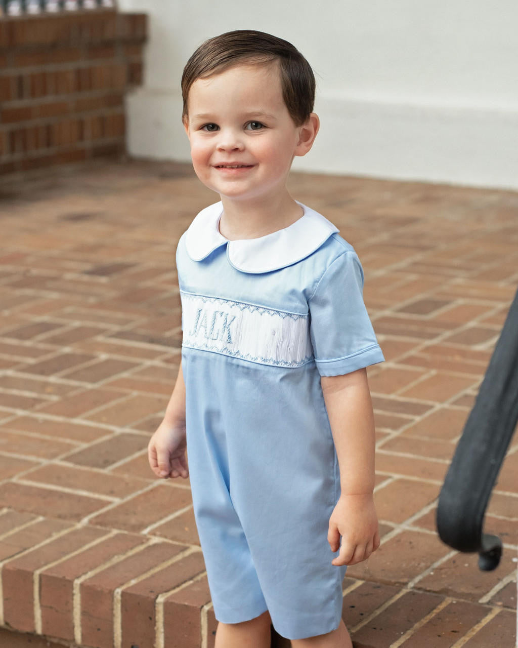 Blue Pique Custom Smocked Short Romper  Monogram