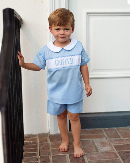 Blue Pique Custom Smocked Short Set  Monogram