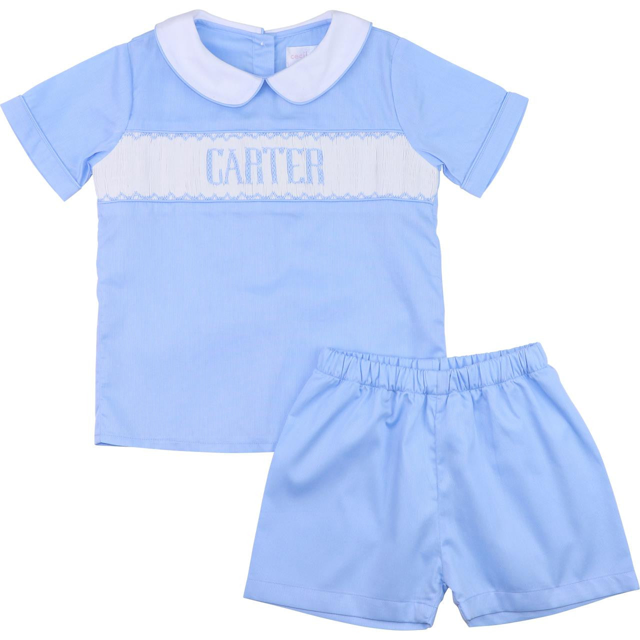 Blue Pique Custom Smocked Short Set  Monogram