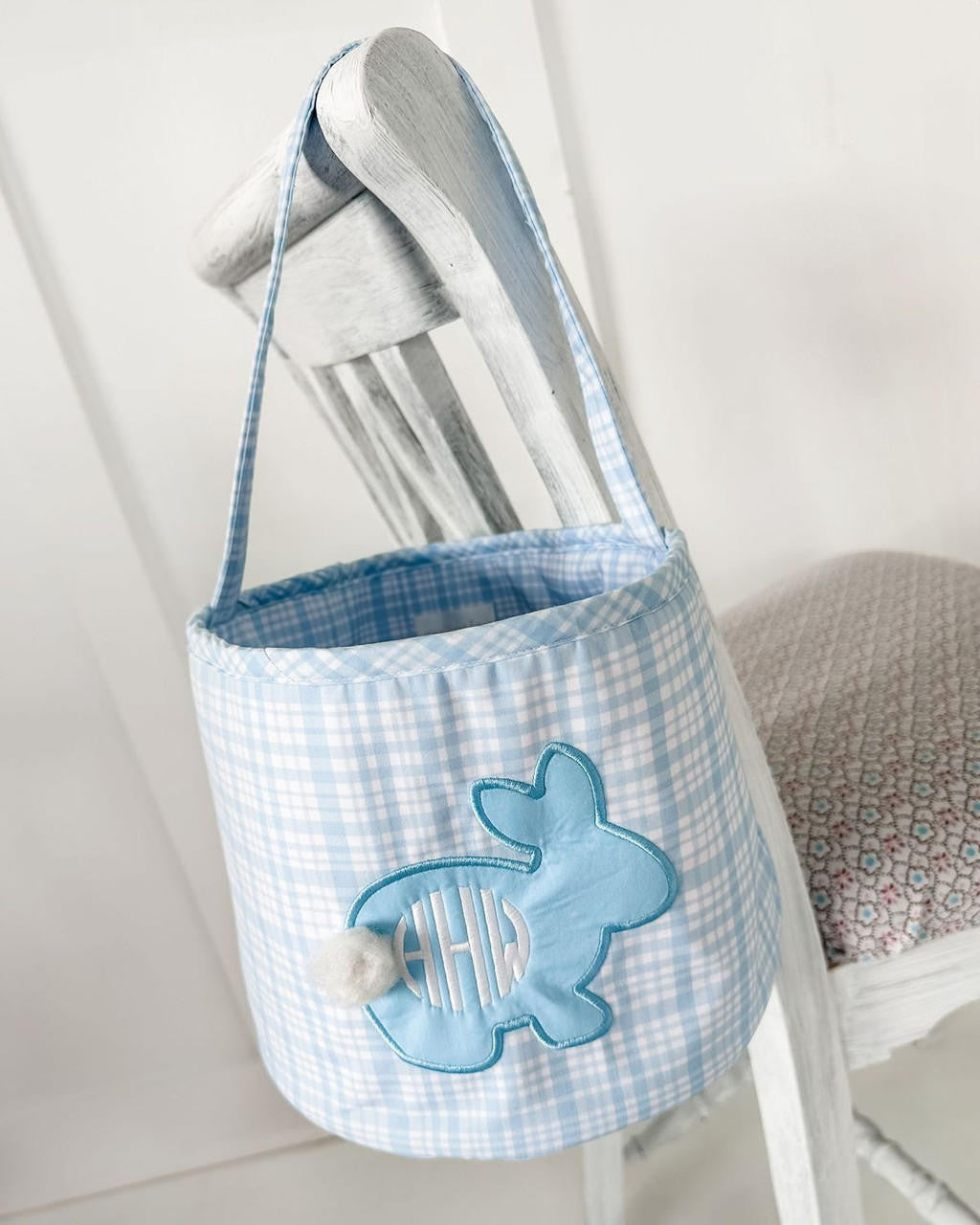 Blue Plaid Applique Bunny Easter Basket  Monogram