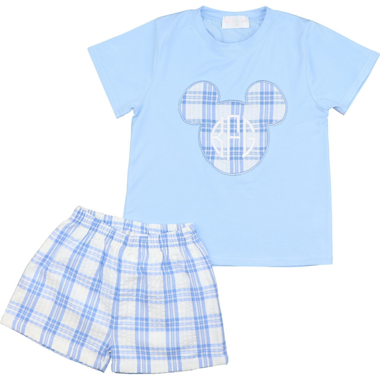 Blue Plaid Applique Mouse Ears Short Set Smocked Threads