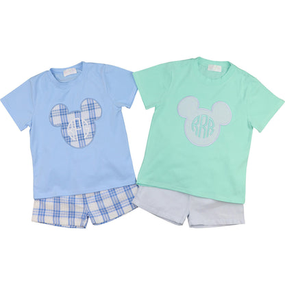 Blue Plaid Applique Mouse Ears Short Set Smocked Threads