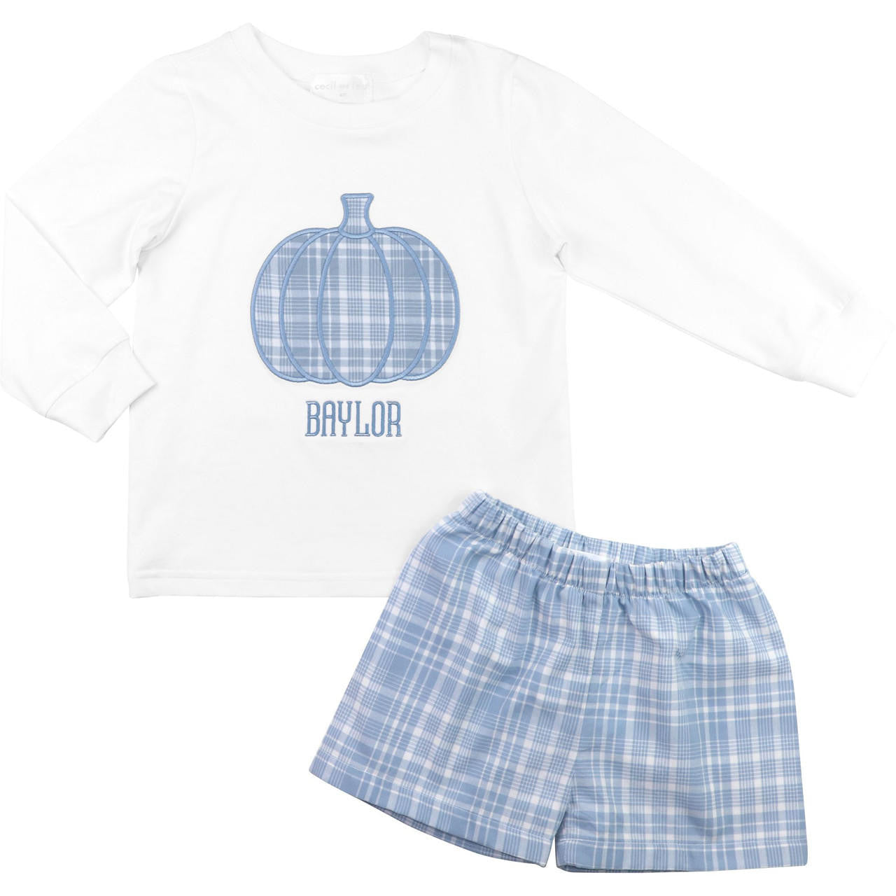 Blue Plaid Applique Pumpkin Short Set  - Shipping Late September  Monogram