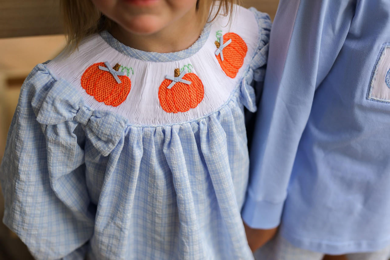 Blue Plaid Smocked Pumpkin Bow Diaper Set - Shipping Late September  Smocked Threads