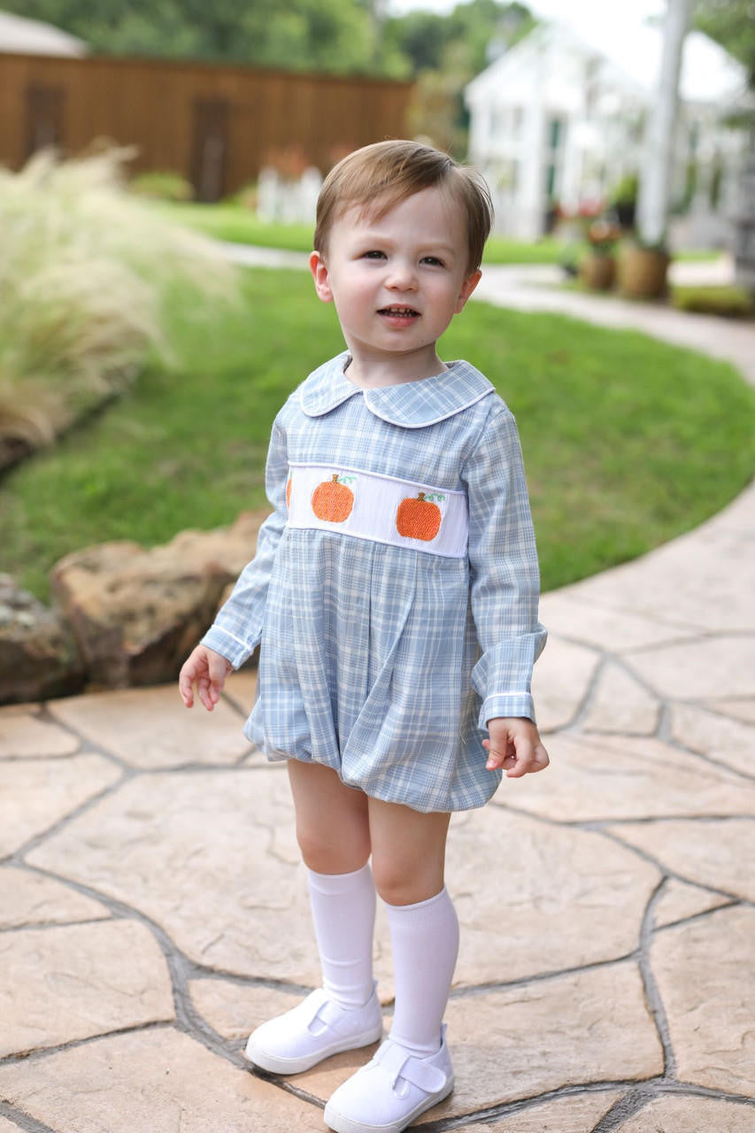 Blue Plaid Smocked Pumpkin Bubble - Shipping Late September  Smocked Threads