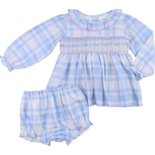 Blue Plaid Smocked Rosebud Diaper Set  Smocked Threads