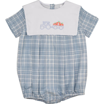 Blue Plaid Tractor And Pumpkin Bubble Smocked Threads