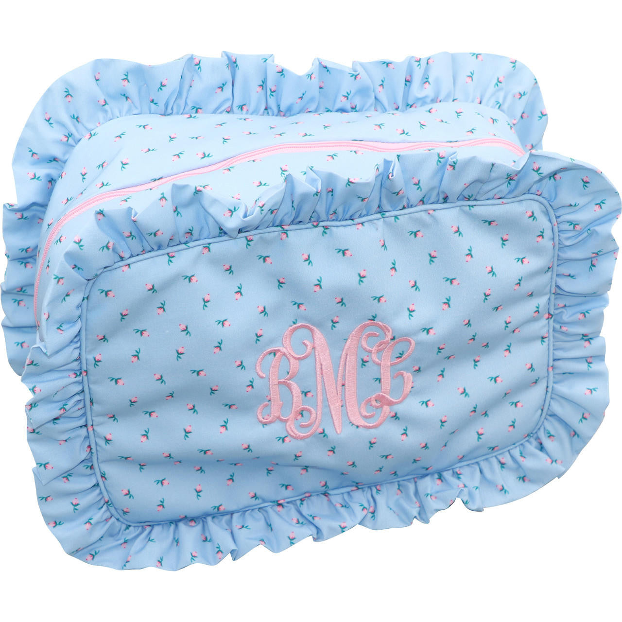 Blue Rosebud Ruffle Pouch Monogram