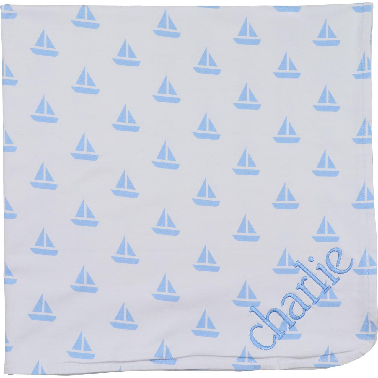 Blue Sailboat Knit Baby Blanket  Cecil and Lou