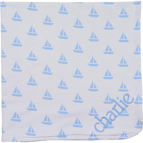 Blue Sailboat Knit Baby Blanket