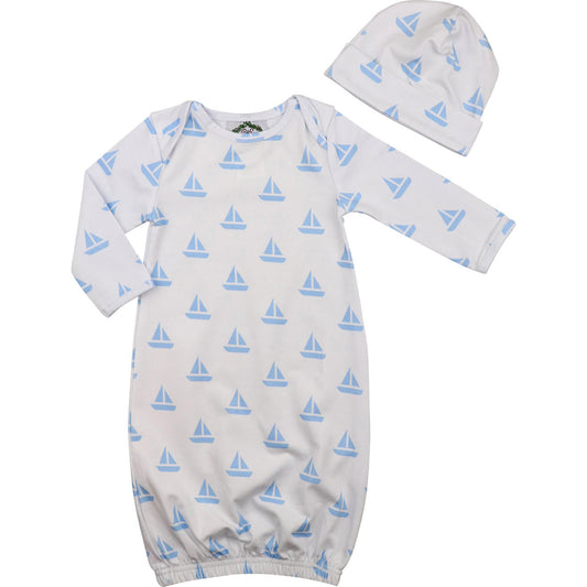 Blue Sailboat Knit Baby Gown And Beanie Smocked Threads