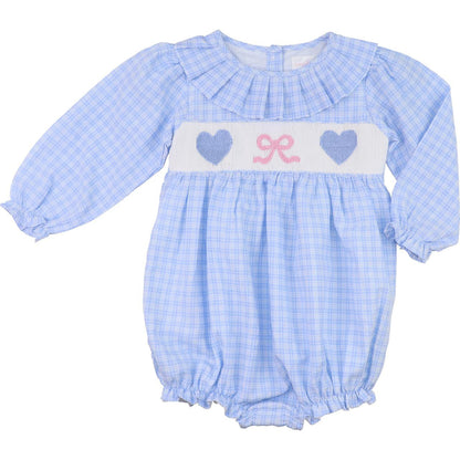 Blue Smocked Hearts And Bow Bubble   Eliza James Kids