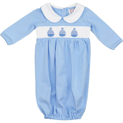 Blue Smocked Sailboats Pima Baby Gown Monogram