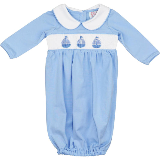 Blue Smocked Sailboats Pima Baby Gown Monogram