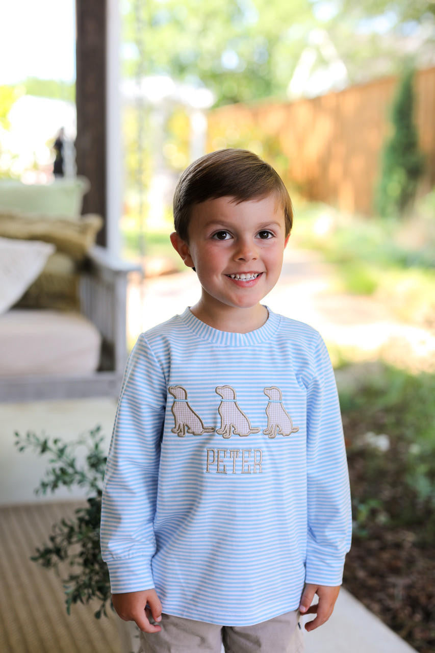 Blue Stripe Knit Applique Puppy Shirt - Shipping Early October  Monogram