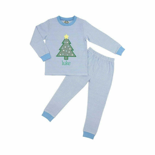 Blue Stripe Knit Christmas Tree Pajamas - Shipping Mid October  Monogram