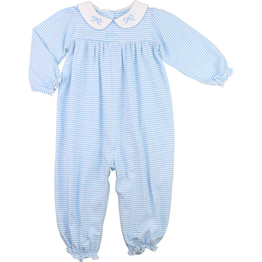 Blue Stripe Knit Embroidered Bow Long Bubble   Monogram