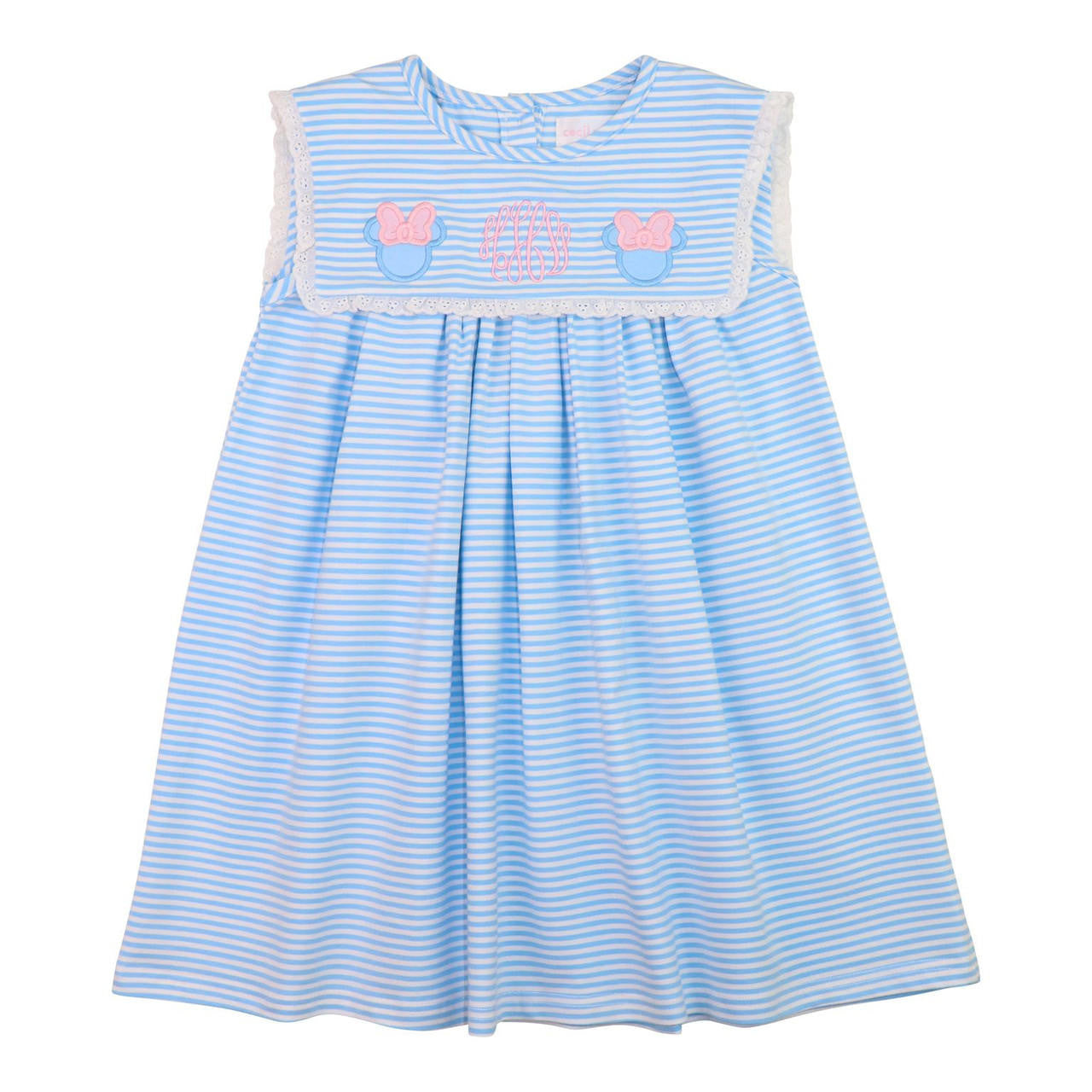 Blue Stripe Knit Eyelet Applique Mouse Ears Dress  Monogram