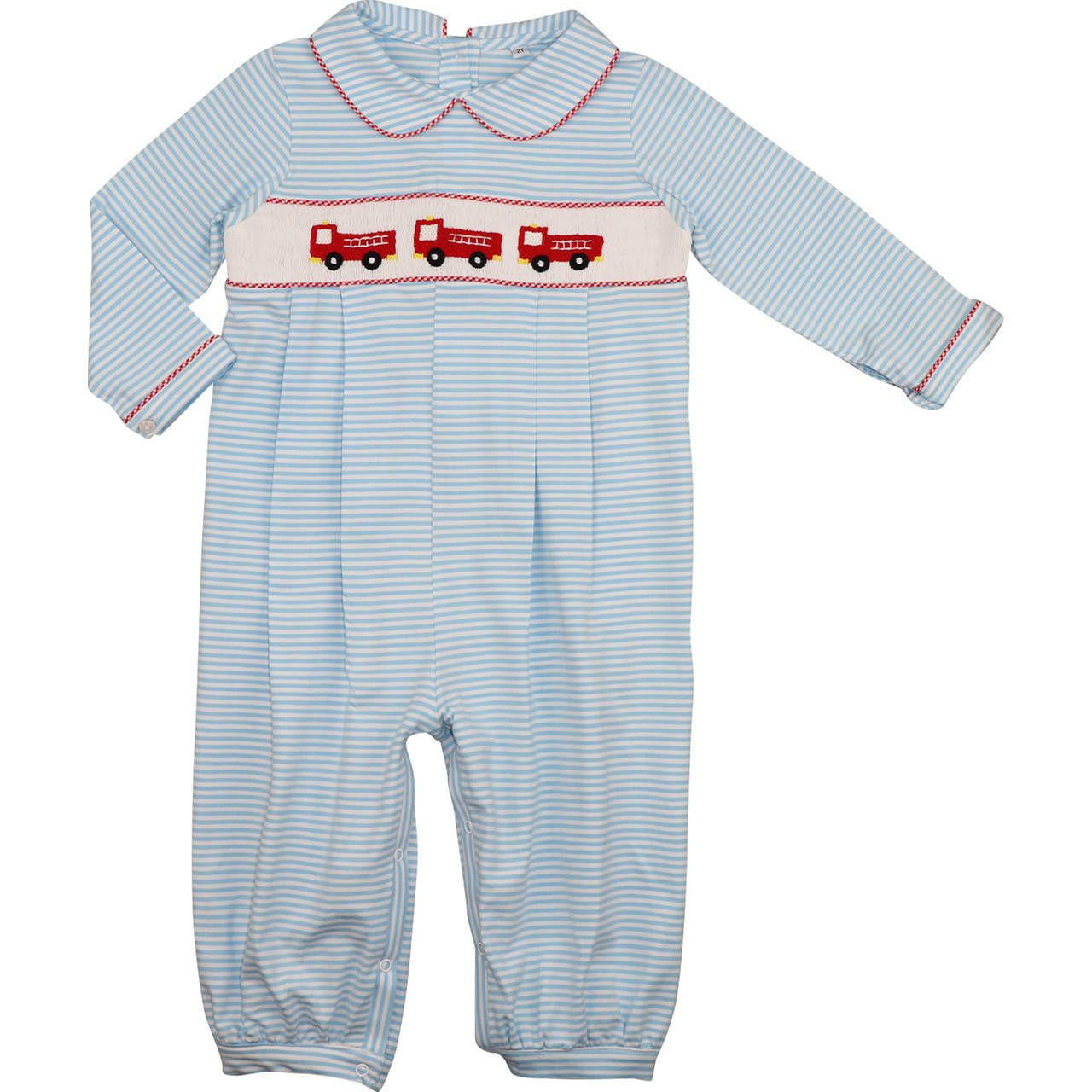 Blue Stripe Knit Smocked Firetruck Long Romper - Shipping Early October  Smocked Threads