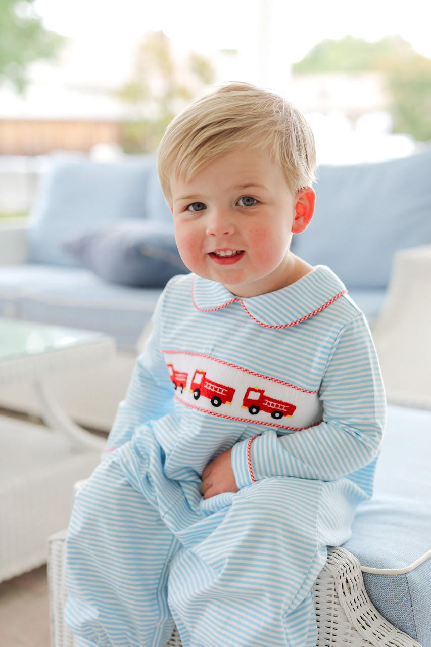 Blue Stripe Knit Smocked Firetruck Long Romper - Shipping Early October  Smocked Threads