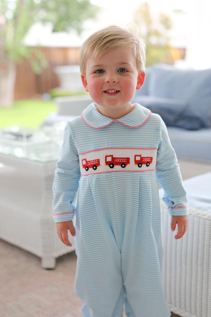 Blue Stripe Knit Smocked Firetruck Long Romper - Shipping Early October  Smocked Threads