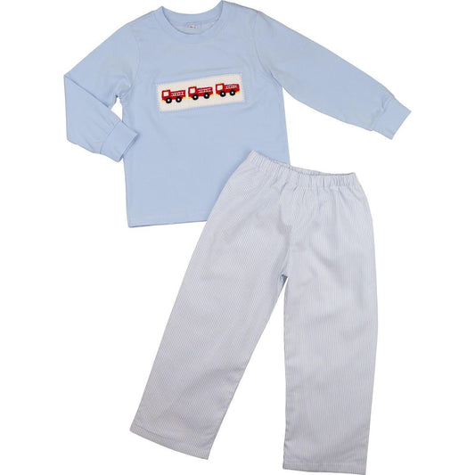 Blue Stripe Smocked Firetruck Pant Set - Shipping Early October  Smocked Threads