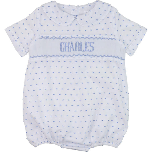 Blue Swiss Dot Custom Smocked Bubble   Monogram