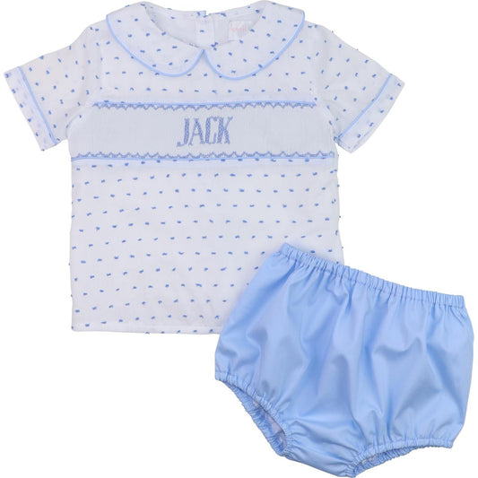 Blue Swiss Dot Custom Smocked Diaper Set  Monogram