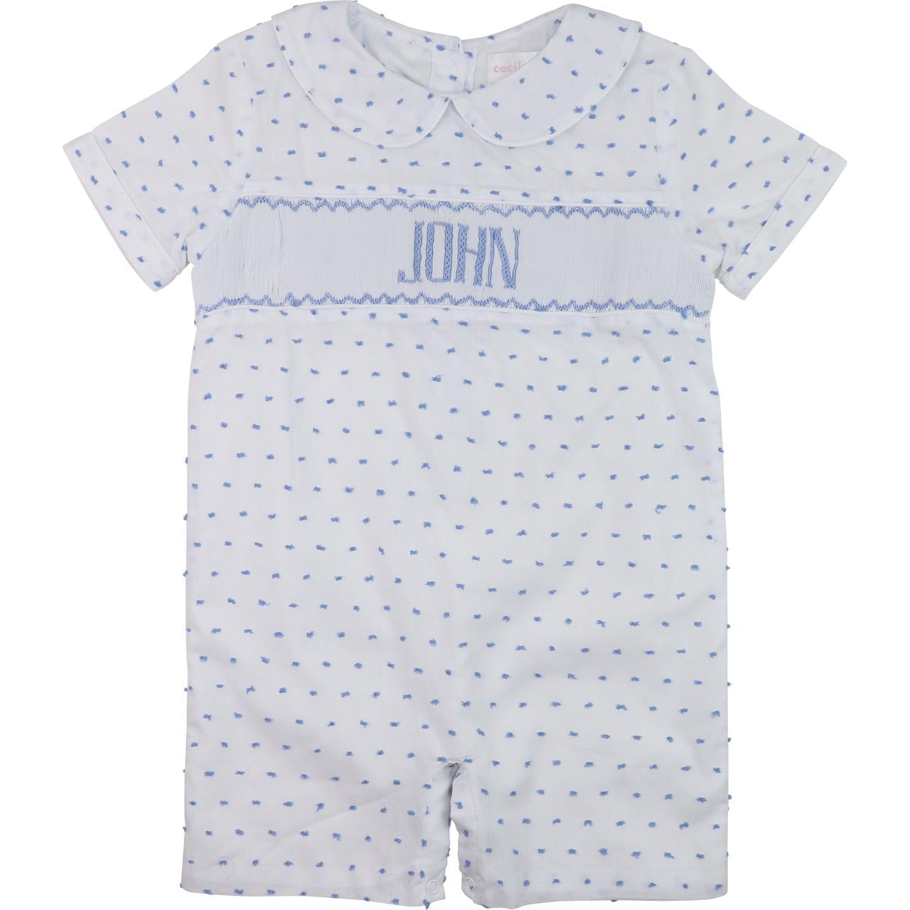 Blue Swiss Dot Custom Smocked Short Romper  Monogram