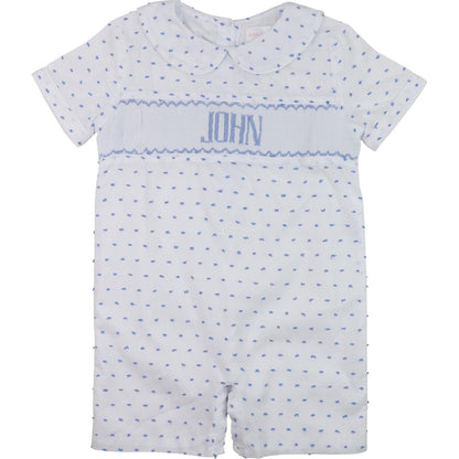 Blue Swiss Dot Custom Smocked Short Romper  Monogram