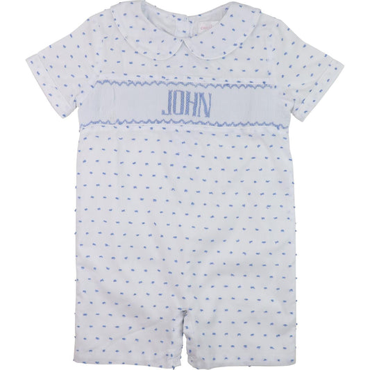 Blue Swiss Dot Custom Smocked Short Romper  Monogram