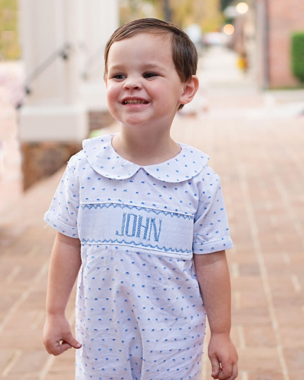 Blue Swiss Dot Custom Smocked Short Romper  Monogram