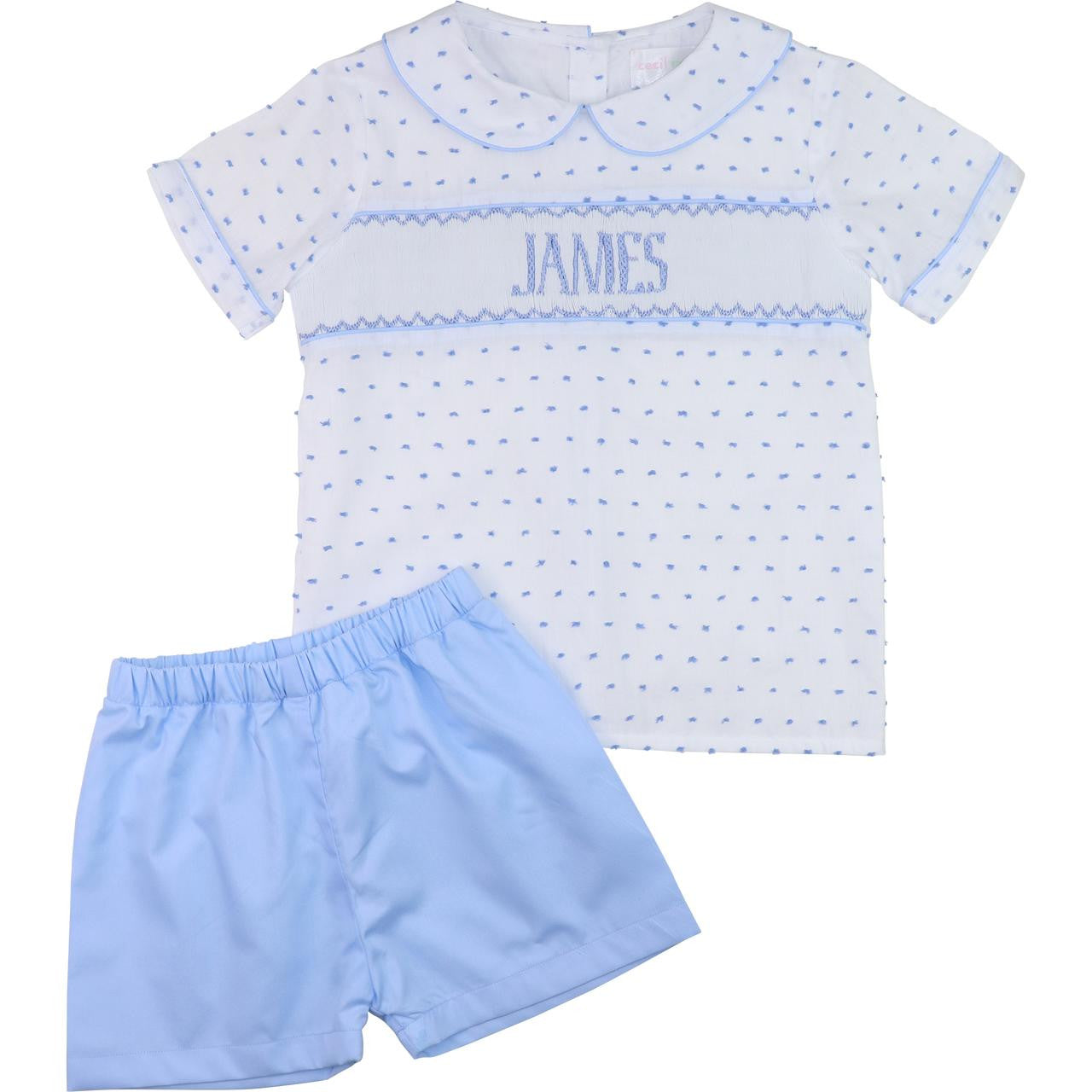 Blue Swiss Dot Custom Smocked Short Set  Monogram