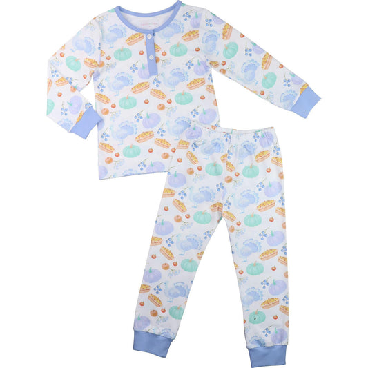 Blue Thanksgiving Print Knit Pajamas - Shipping Mid October  Smocked Threads