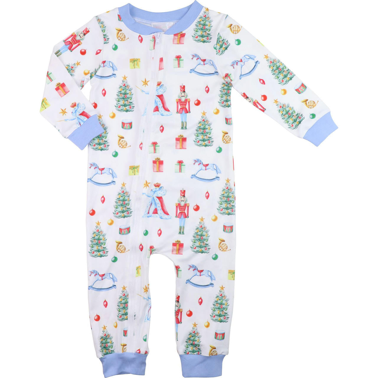 Blue Trim Nutcracker Print Knit Zipper Pajamas - Shipping Early November  Smocked Threads