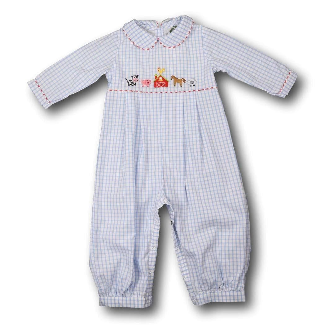 Blue Windowpane Embroidered Farm Animals Long Romper - Shipping Early October  Smocked Threads