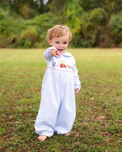 Blue Windowpane Embroidered Farm Animals Long Romper  Smocked Threads