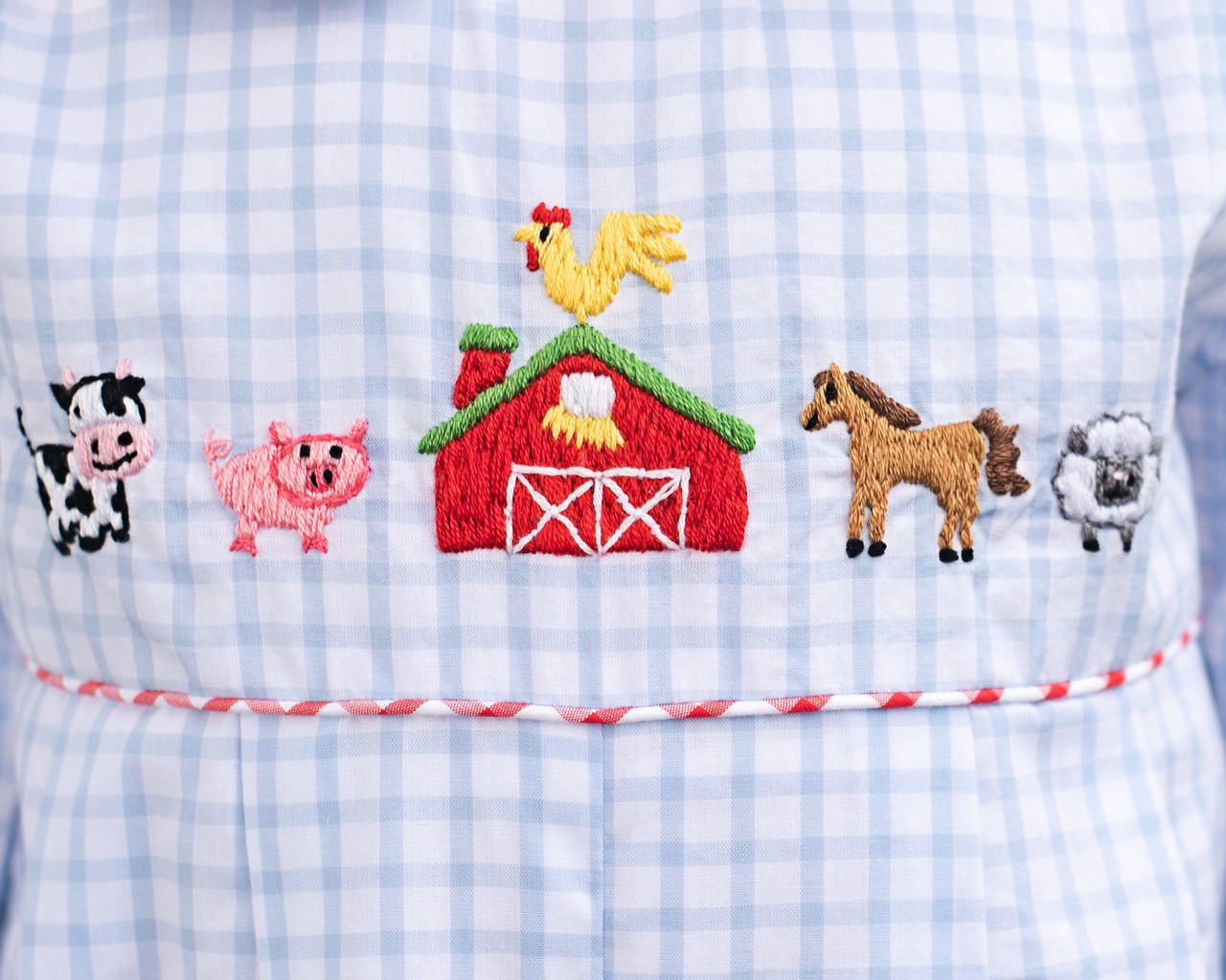 Blue Windowpane Embroidered Farm Animals Long Romper  Smocked Threads