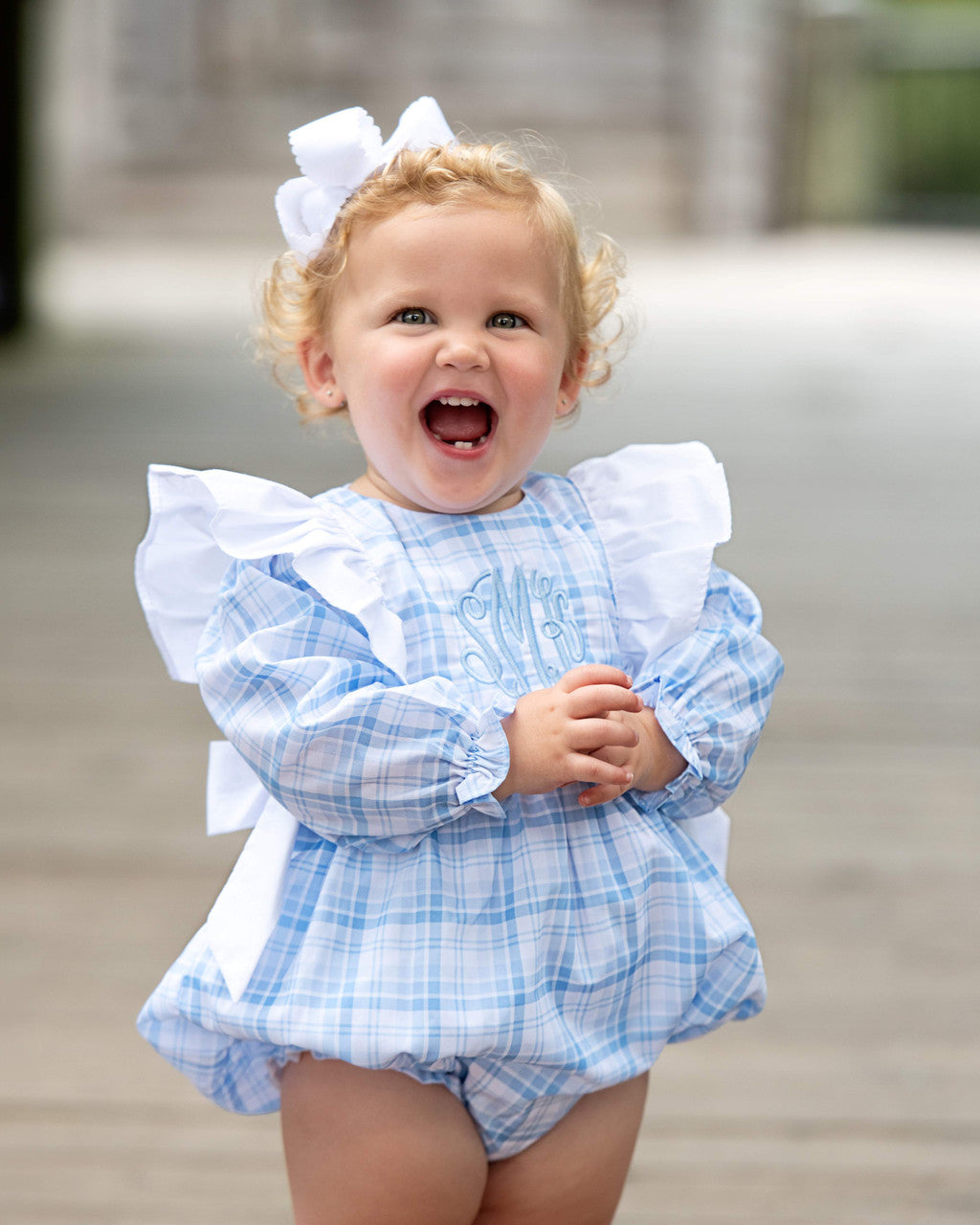 Girls Blue Plaid Bow Bubble